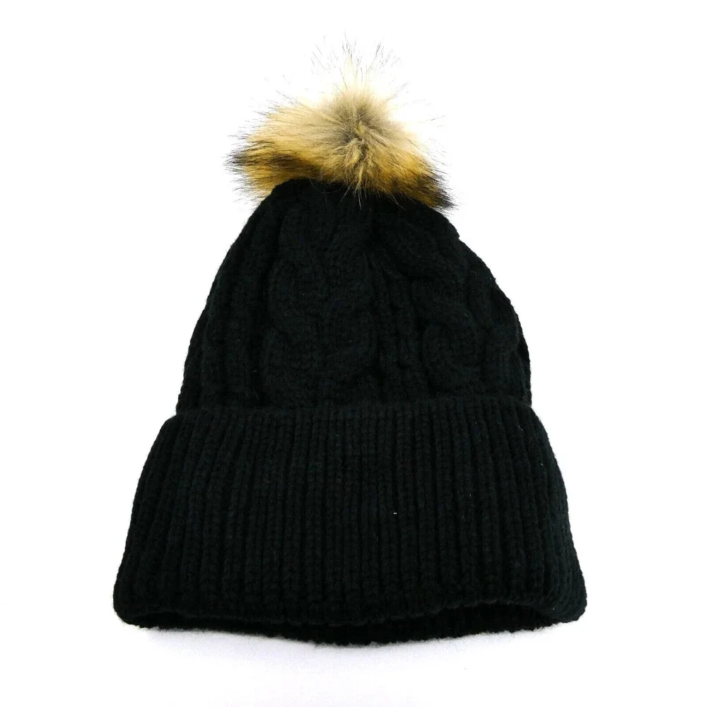 Cable Knit Winter‎ Hat Womens One Size Black Preppy Cap Locale Outdoor Pom Sport